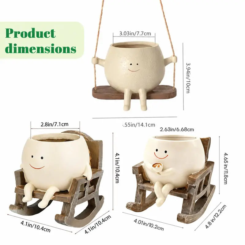 Smily Face Rocking Chair Cute Resin Flower Head Succulent Planter Pots with Drainage Hole