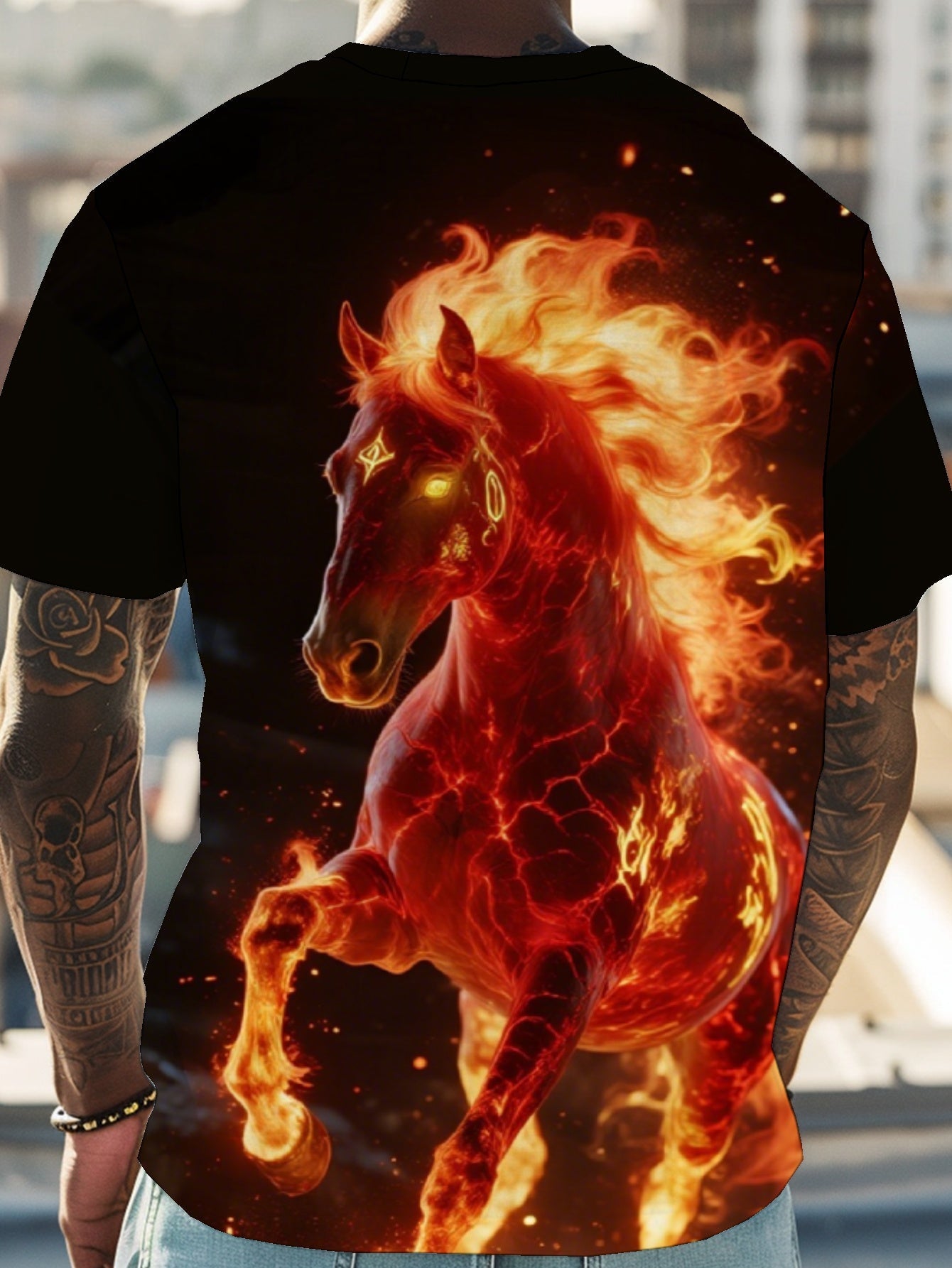 Horse Flame Men's short-sleeved T-shirt summer T-shirt top full of print