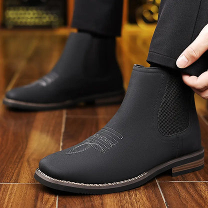 Men's Western Cowboy Boots Square-Toe Chelsea Ankle Boots