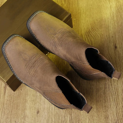 Men's Western Cowboy Boots Square-Toe Chelsea Ankle Boots
