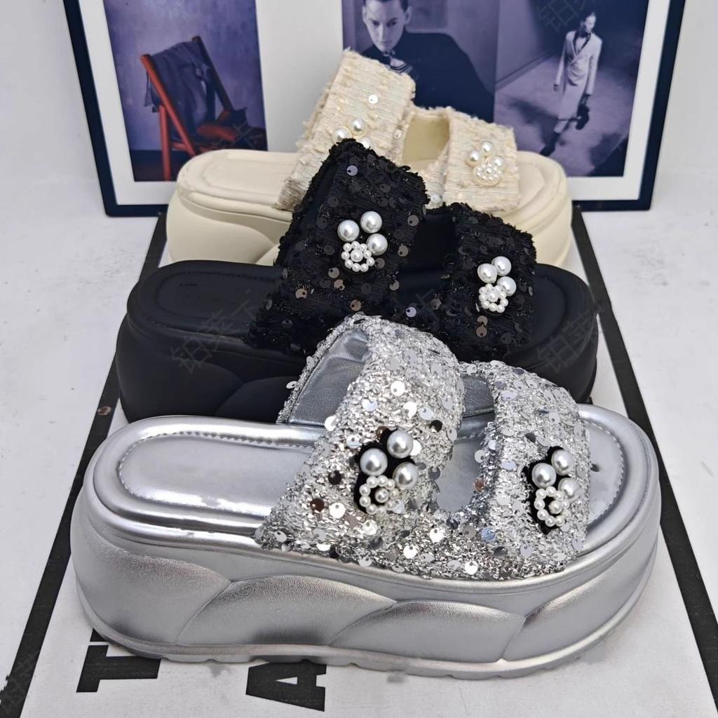 Women's Glitter Beaded Slides - Double Strap Platform Sandals