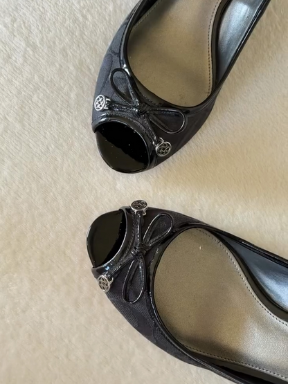 Monogram Peep Toe Wedge Shoes with Patent Trim & Bow