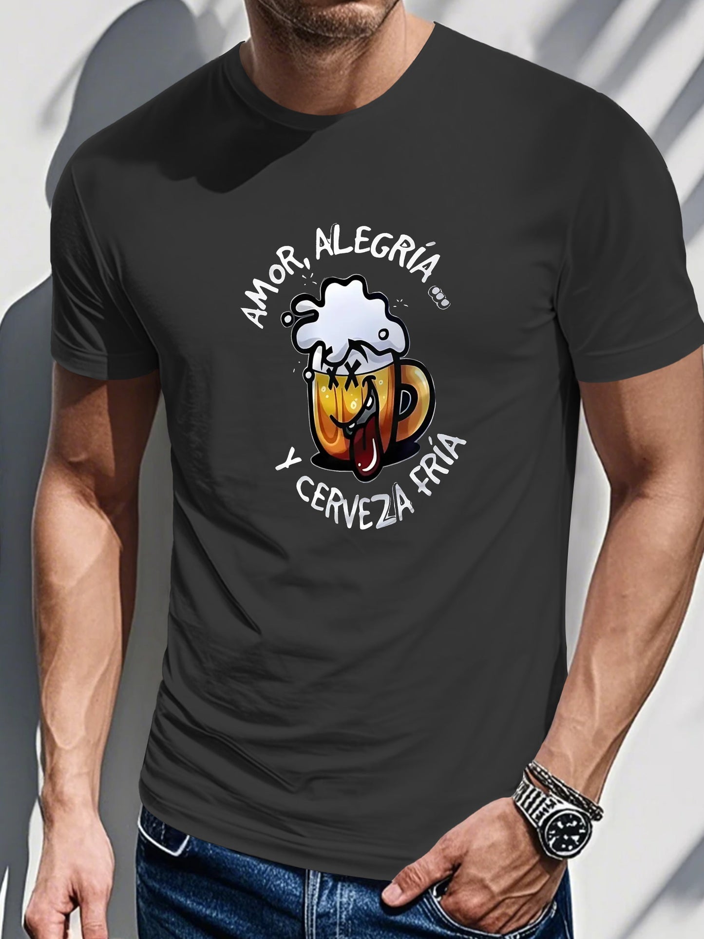 Men's Printed T-shirt-AMOR, ALEGRIA Y CERVEZA FRIA