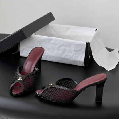 Mesh & Leather CC Open Toe Slip-On Mule Sandals