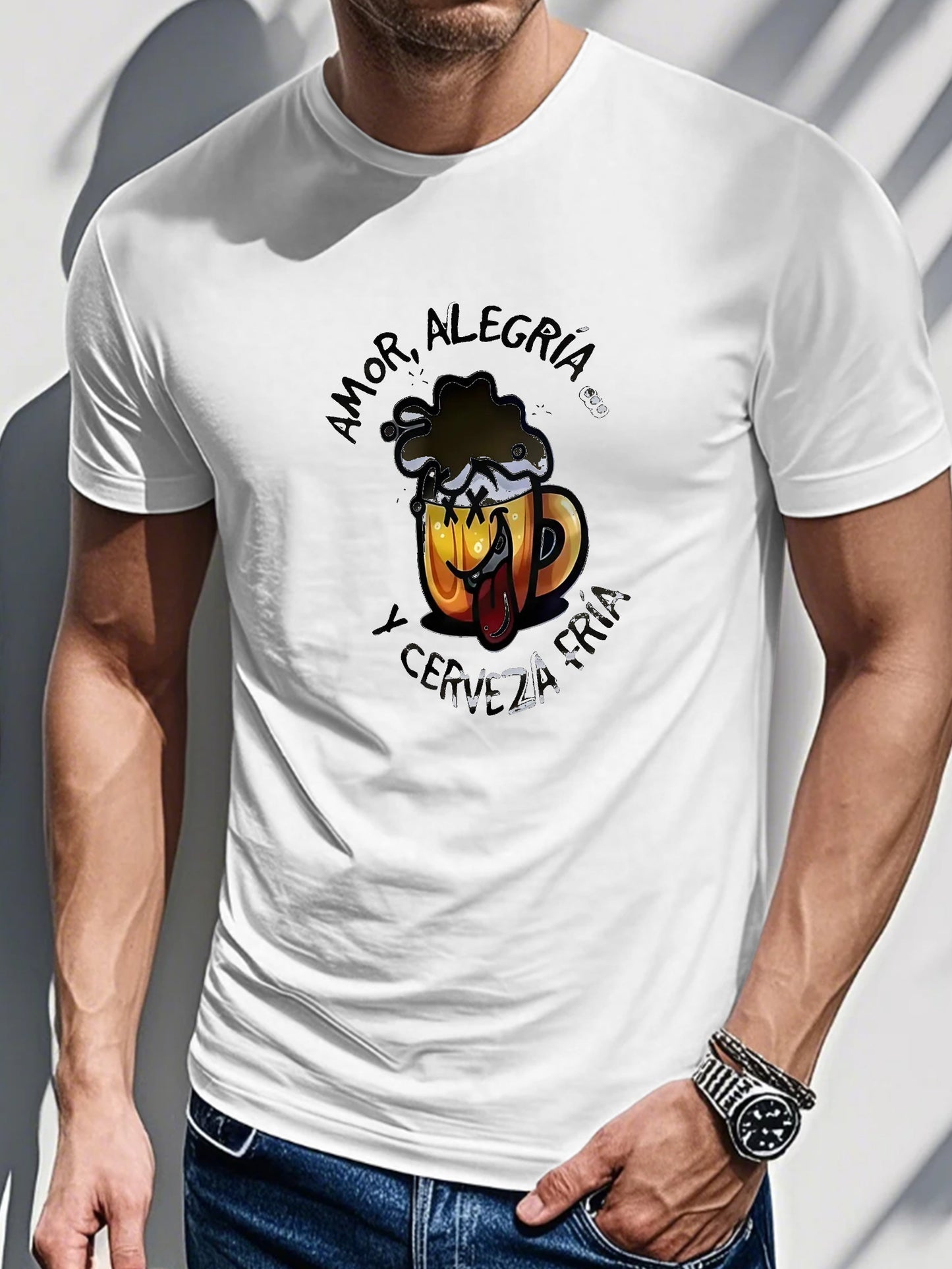 Men's Printed T-shirt-AMOR, ALEGRIA Y CERVEZA FRIA