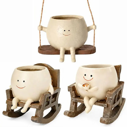 Smily Face Rocking Chair Cute Resin Flower Head Succulent Planter Pots with Drainage Hole