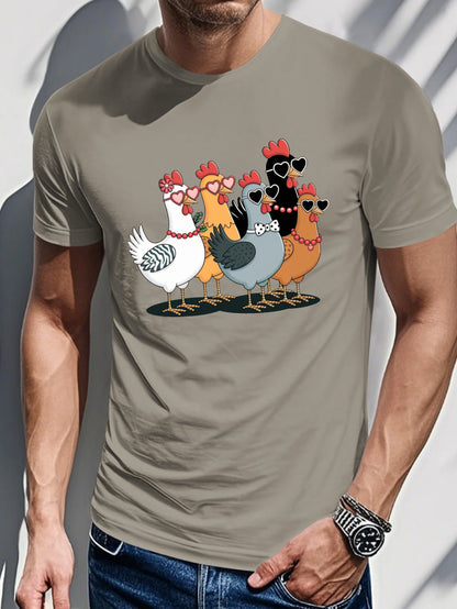 Men's Printed T-shirt-Gentleman Chicken with Sunglasses Graphics