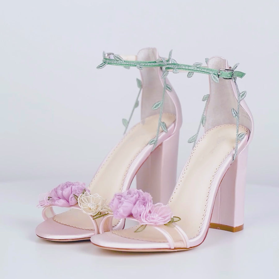 Blush Block Heels with 3D Flowers