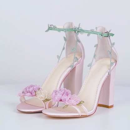 Blush Block Heels with 3D Flowers
