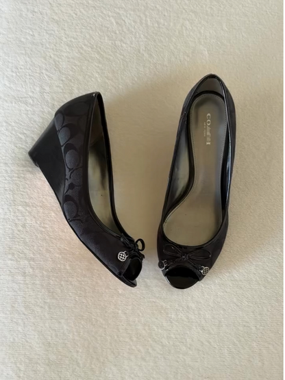 Monogram Peep Toe Wedge Shoes with Patent Trim & Bow