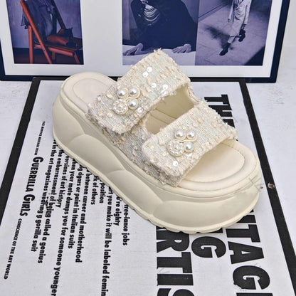 Women's Glitter Beaded Slides - Double Strap Platform Sandals