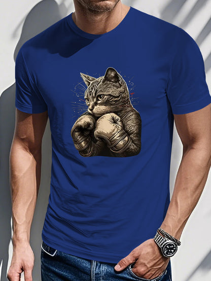 Lightweight Breathable Cotton Men's Casual Black T-Shirt - Boxing Cat Graphic