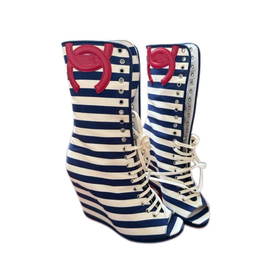 Open-Toe Striped Canvas Wedge Boots