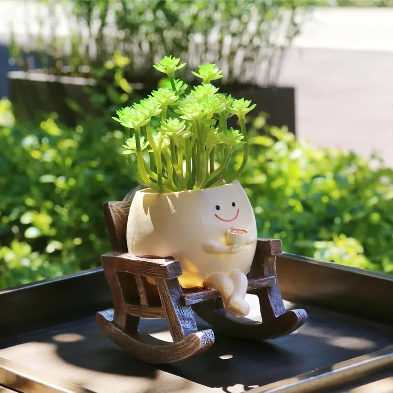 Smily Face Rocking Chair Cute Resin Flower Head Succulent Planter Pots with Drainage Hole