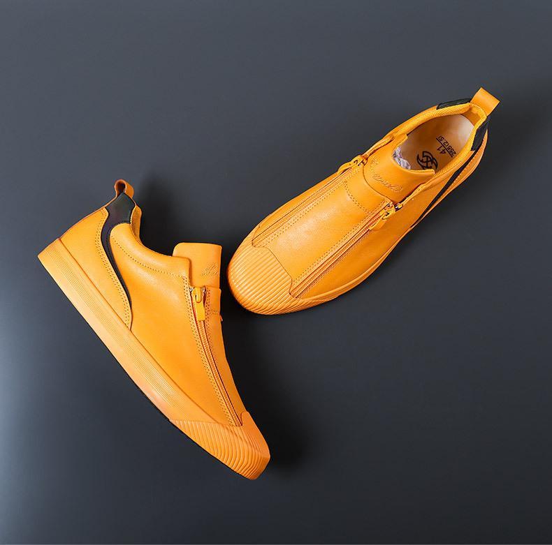 Men's Yellow Leather Slip-On Sneakers With Zipper Closure