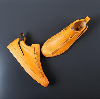 Men's Yellow Leather Slip-On Sneakers With Zipper Closure