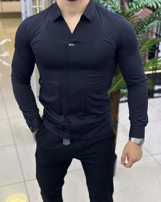 Men's V-Neck Double-Stitched Elastic Casual Polo Shirt