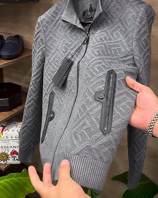 Threaded Pattern Stand Collar Jacket With Zip Pockets