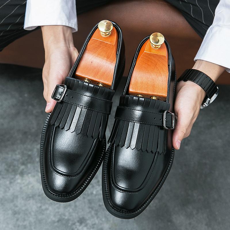 Men's Handmade Tassel Buckle Low Heel Monks Leather Shoes