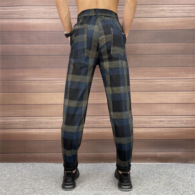 Black Blue Check Stretch Slim Pants