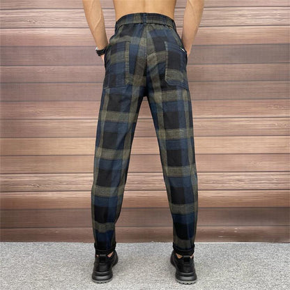 Black Blue Check Stretch Slim Pants