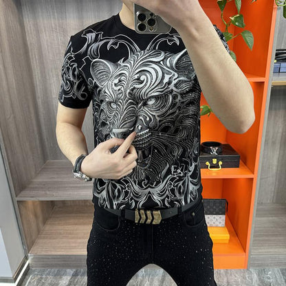 3D Personalized Rhinestone Print Summer Round Neck T-Shirt