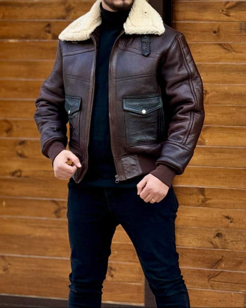 Distressed Leather Jacket With Plush Lapels