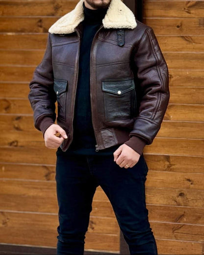 Distressed Leather Jacket With Plush Lapels