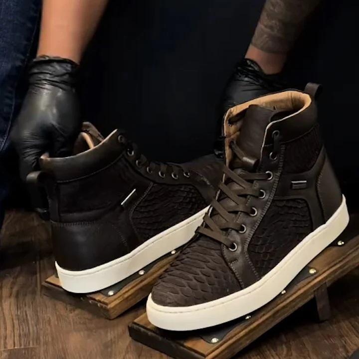 Handmade Python Leather Textured High-Top Classic Boots