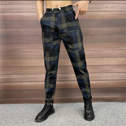 Black Blue Check Stretch Slim Pants