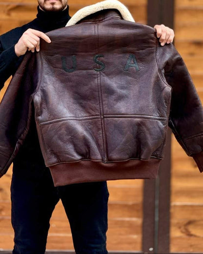 Distressed Leather Jacket With Plush Lapels