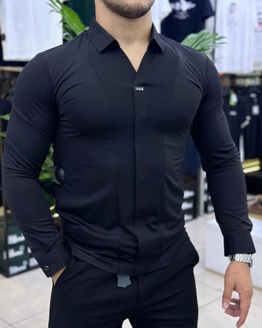 Men's V-Neck Double-Stitched Elastic Casual Polo Shirt