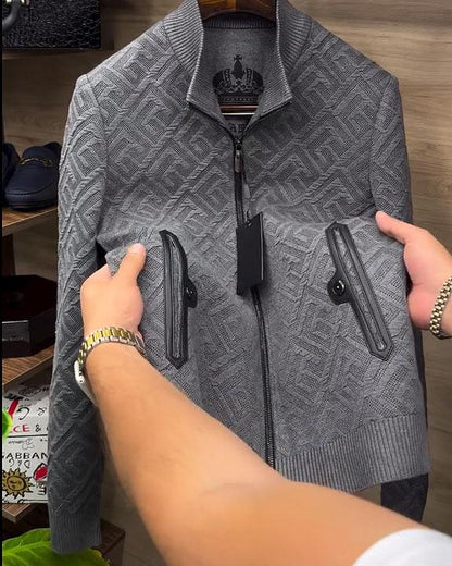 Threaded Pattern Stand Collar Jacket With Zip Pockets