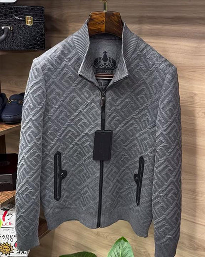 Threaded Pattern Stand Collar Jacket With Zip Pockets