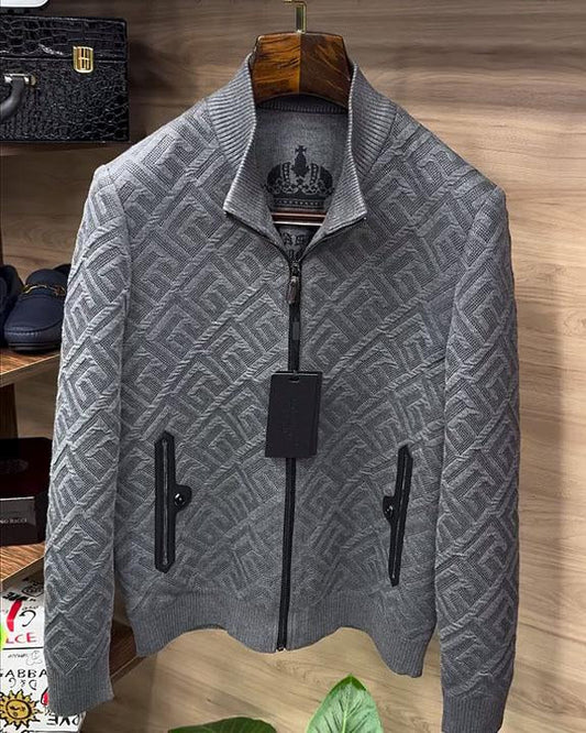 Threaded Pattern Stand Collar Jacket With Zip Pockets