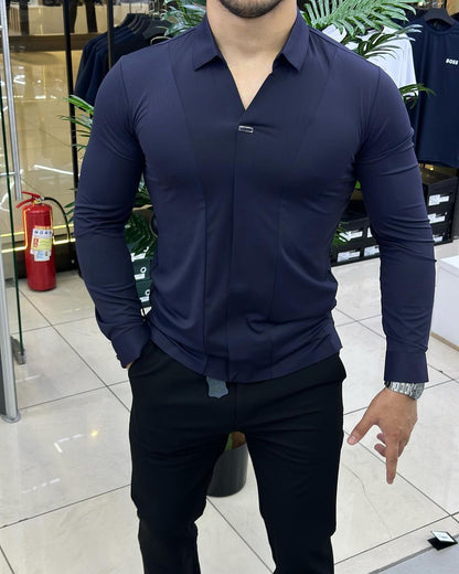 Men's V-Neck Double-Stitched Elastic Casual Polo Shirt