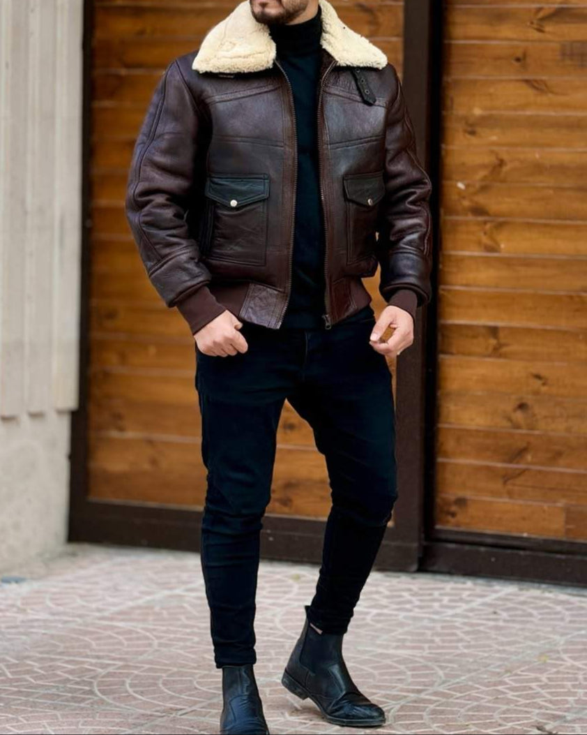 Distressed Leather Jacket With Plush Lapels