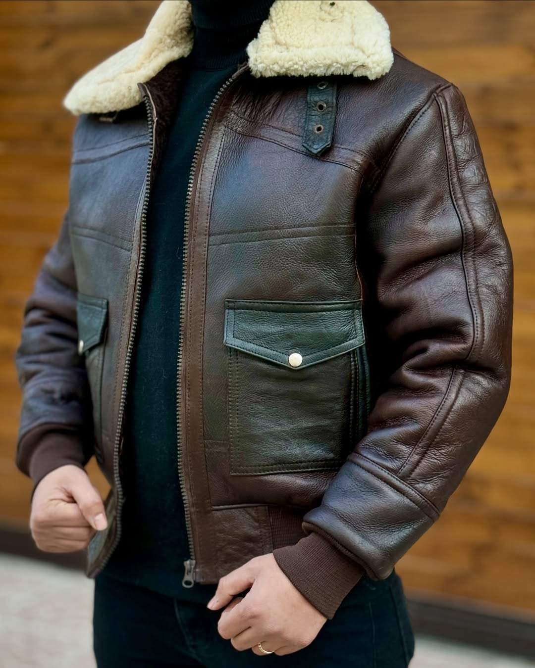 Distressed Leather Jacket With Plush Lapels