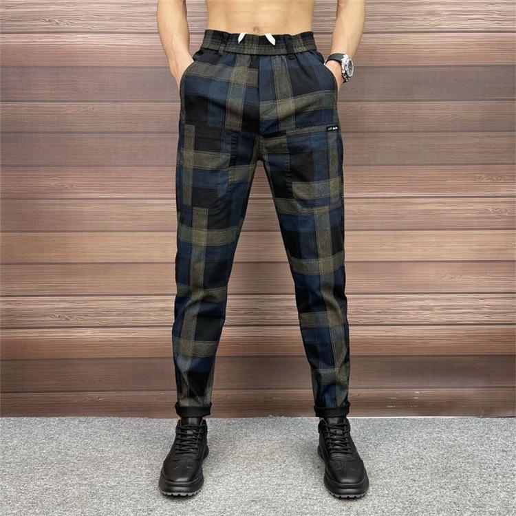 Black Blue Check Stretch Slim Pants