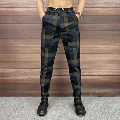 Black Blue Check Stretch Slim Pants