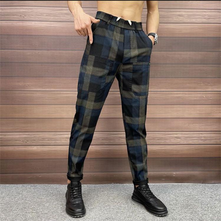 Black Blue Check Stretch Slim Pants