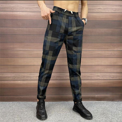 Black Blue Check Stretch Slim Pants
