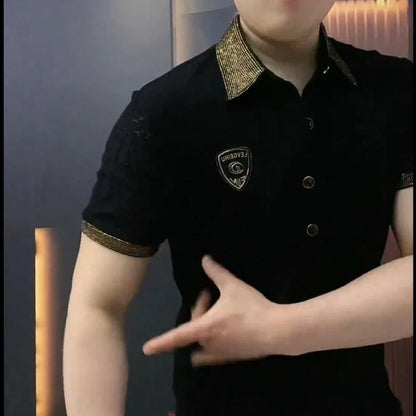 Lace Cotton Sleeve Rhinestone Edge Polo