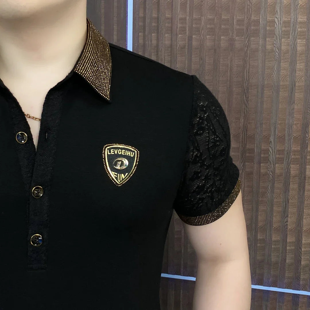 Lace Cotton Sleeve Rhinestone Edge Polo