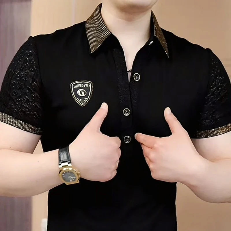 Lace Cotton Sleeve Rhinestone Edge Polo