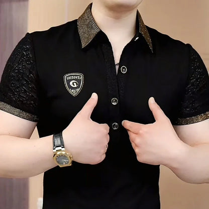Lace Cotton Sleeve Rhinestone Edge Polo