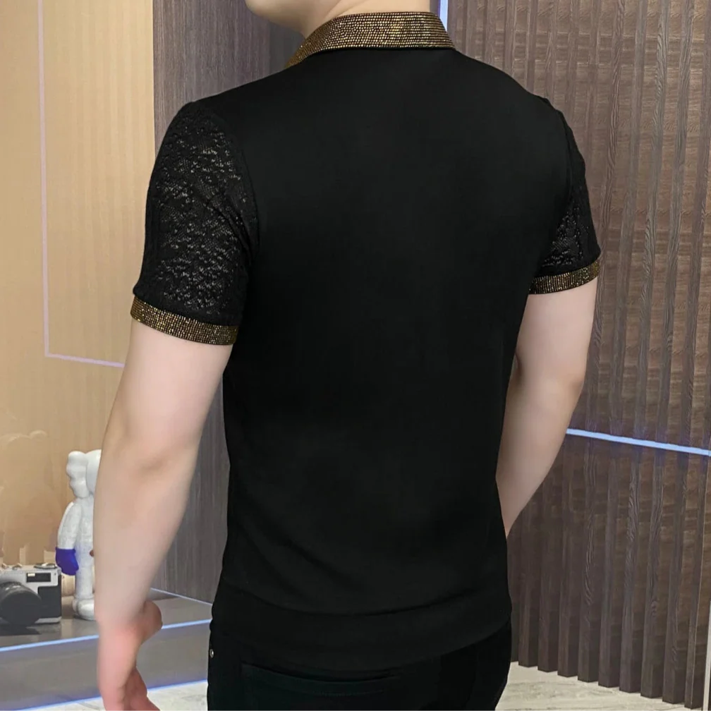 Lace Cotton Sleeve Rhinestone Edge Polo