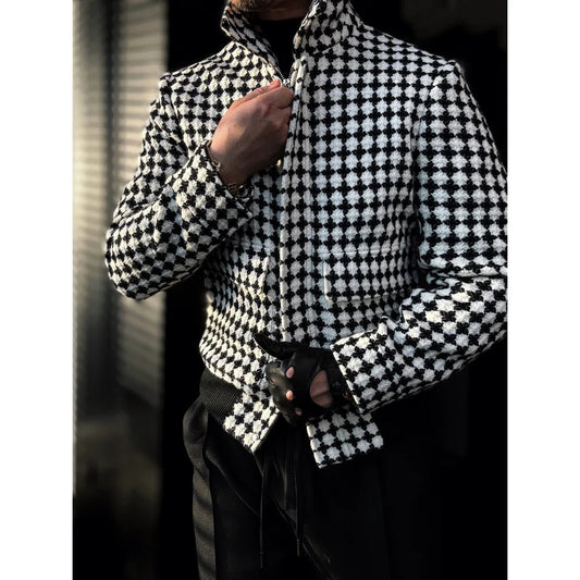 Houndstooth Cinched Hem Stand-up Collar Coat