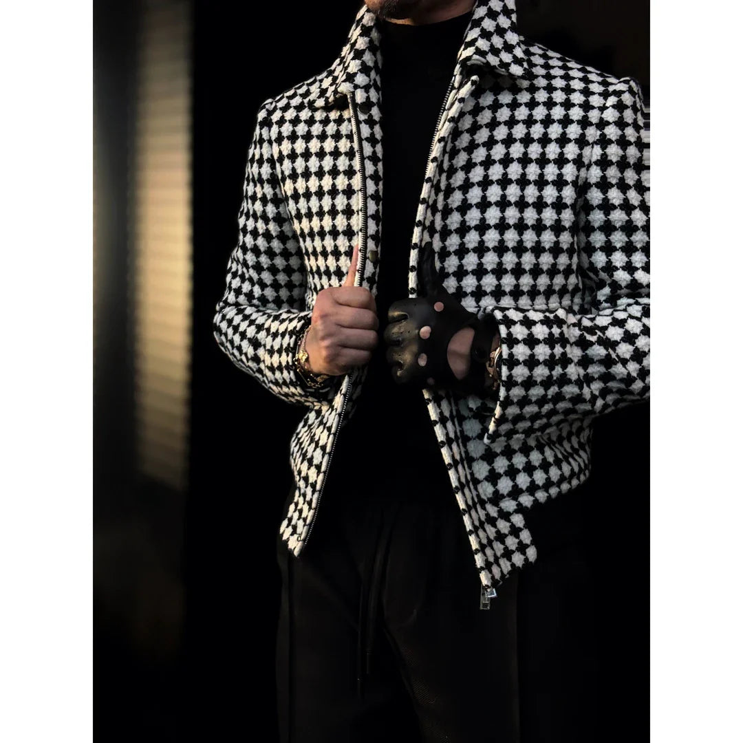 Houndstooth Cinched Hem Stand-up Collar Coat