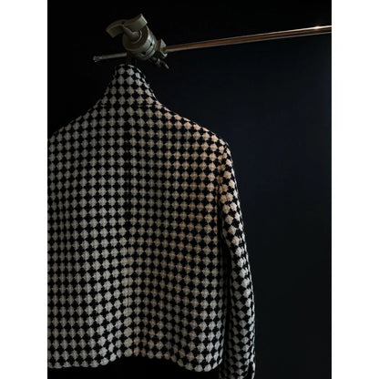 Houndstooth Cinched Hem Stand-up Collar Coat